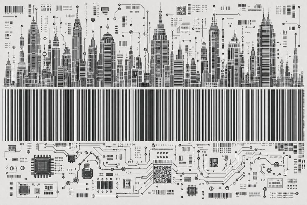 Futuristic skyline constructed entirely of tiny interwoven barcodes