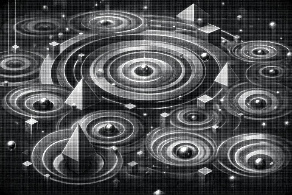 Dynamic array of oscillating concentric circles in a shimmering pool