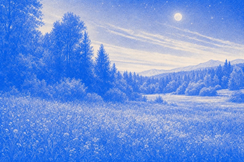Tranquil meadow with wildflowers, bordered by a dense forest, under a dusky sky