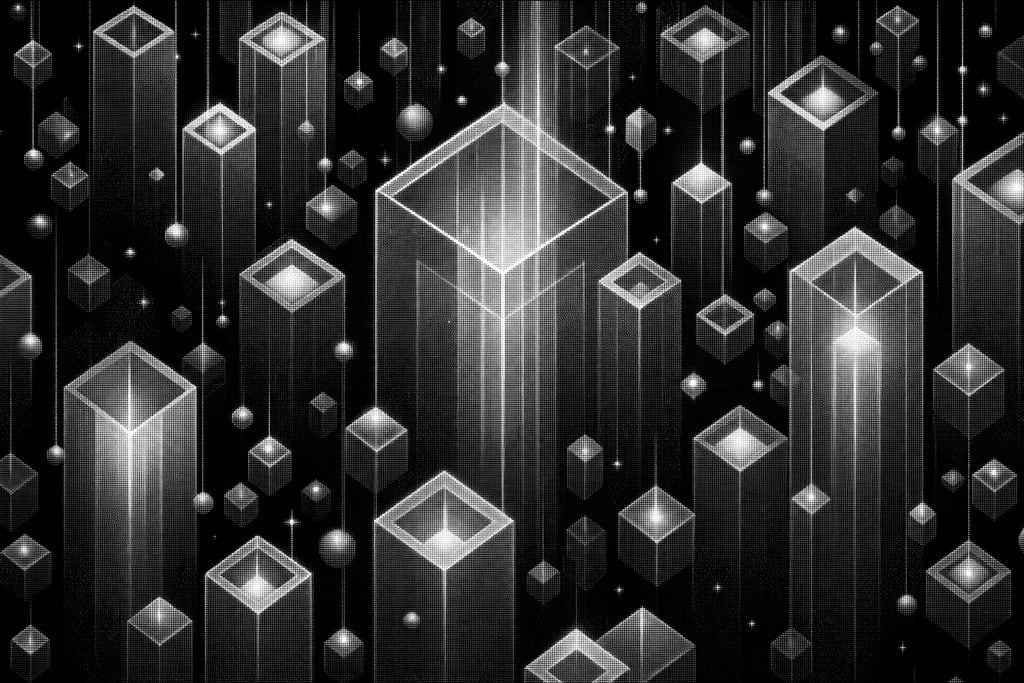 Cluster of glowing hexagonal prisms suspended in an endless void