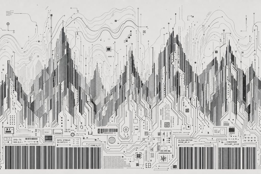 Angular, monochrome landscape with the base formed by tight clusters of barcode sequences
