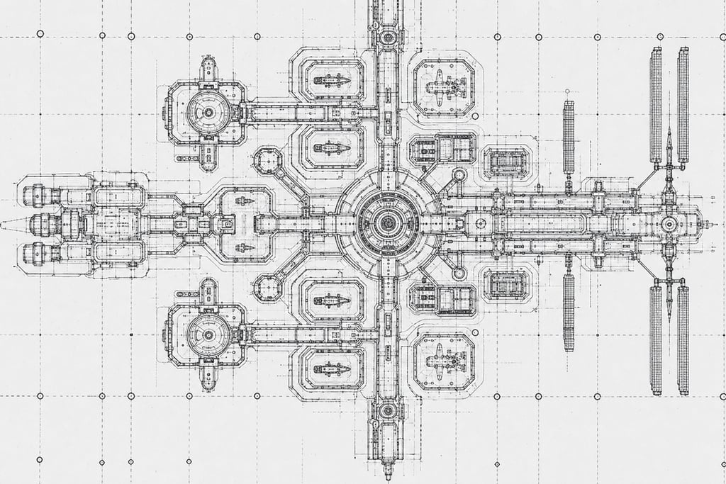 Conceptual sketch of a sprawling space station with docking bays and satellite towers
