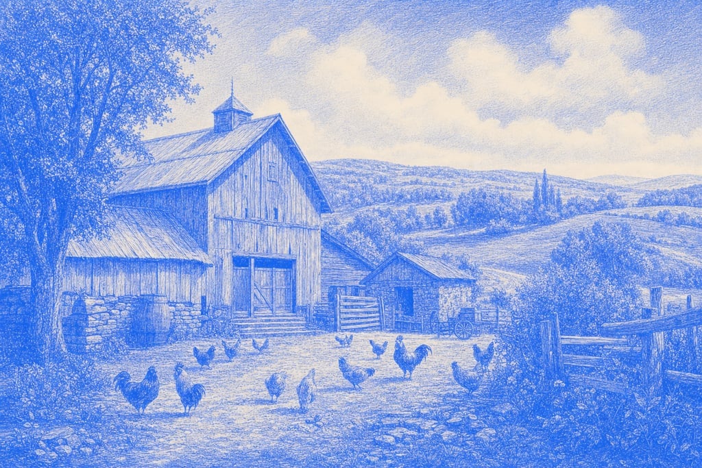 Charming farmyard with a rustic barn and chickens pecking in the dirt