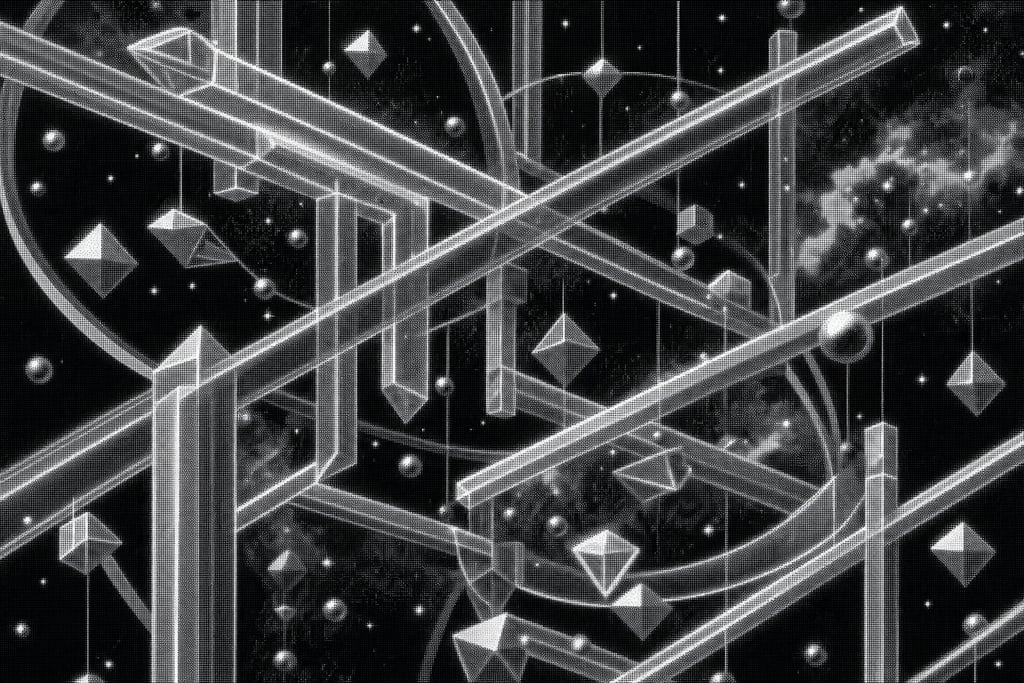 Tangled network of luminous rods twisting through a cosmic sky
