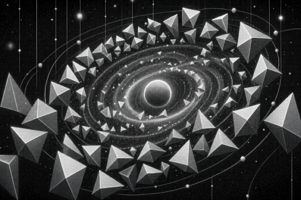 Galactic swirl of glowing tetrahedrons circling around a central sphere