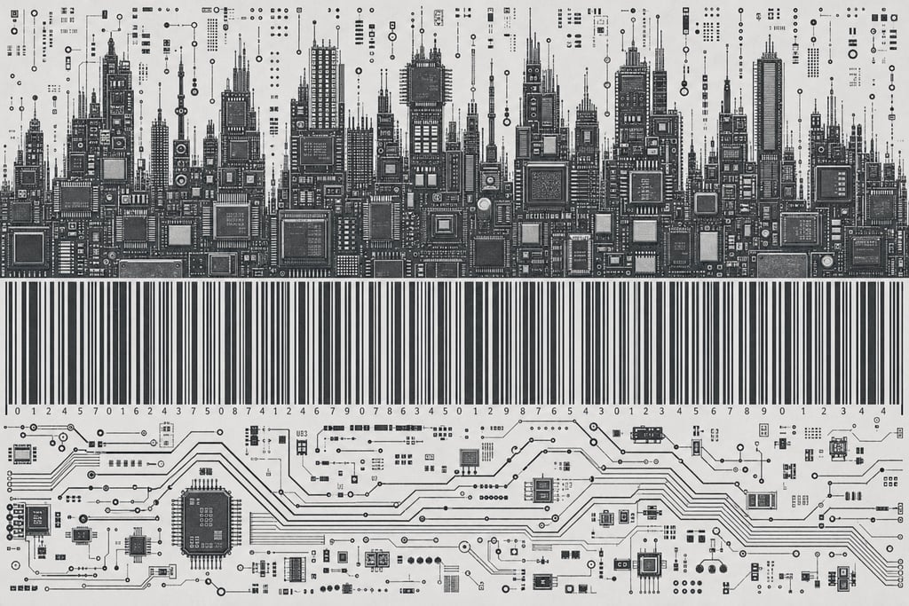 Clusters of overlapping microchips merging into a skyline constructed from finely detailed