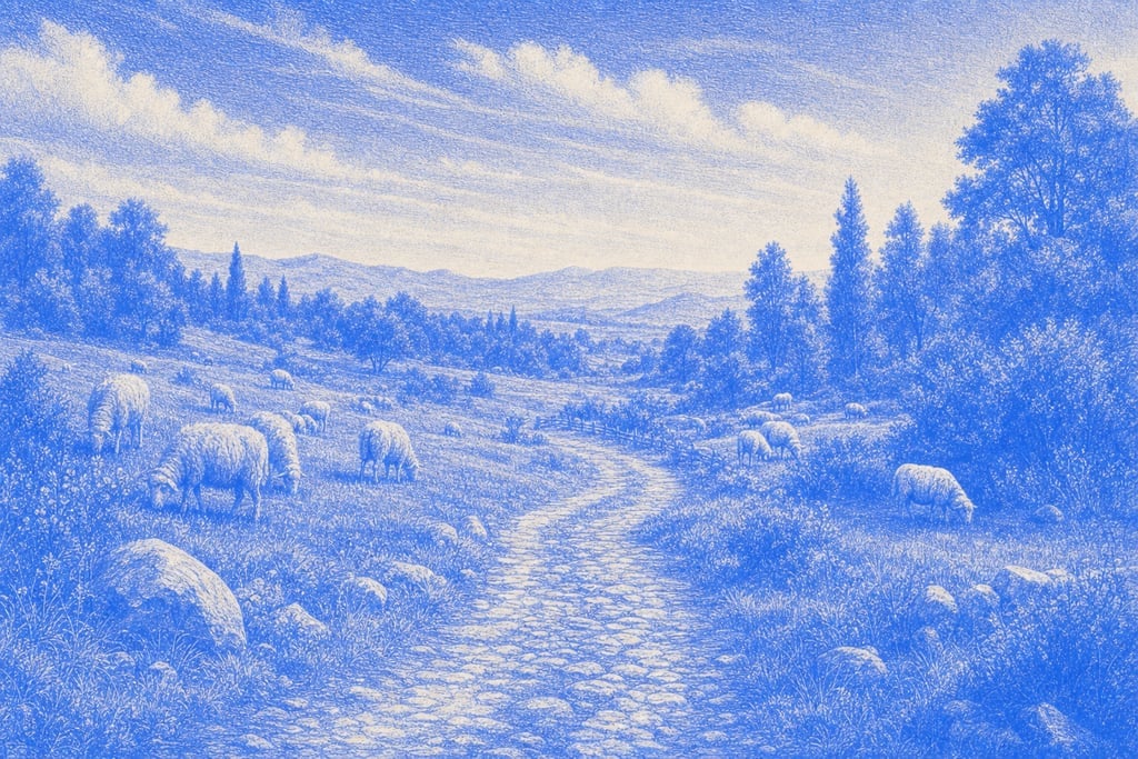 Peaceful valley dotted with sheep grazing and a cobblestone path leading into a distant fo