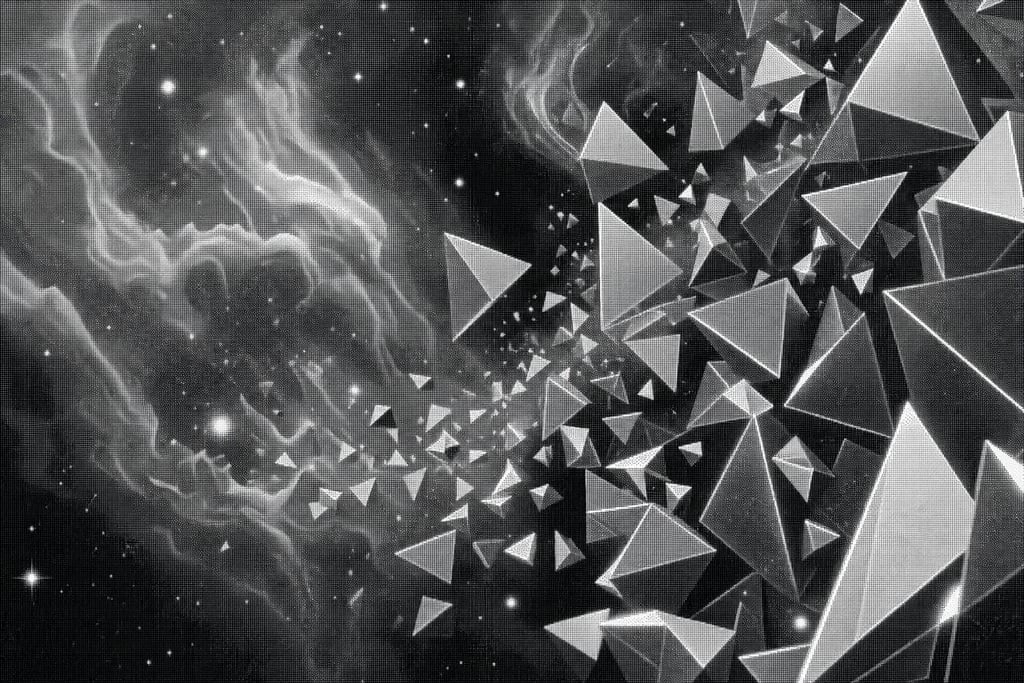 Cascade of tetrahedral prisms against a backdrop of swirling nebulae