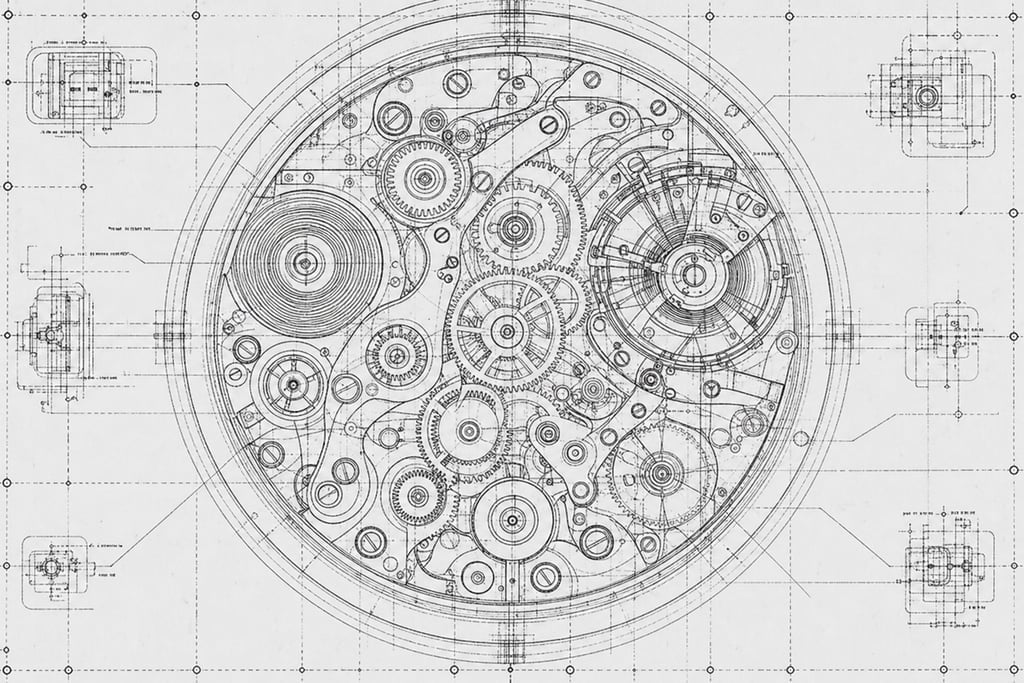 Mechanical schematic of a complex timepiece with interlocking gears and springs