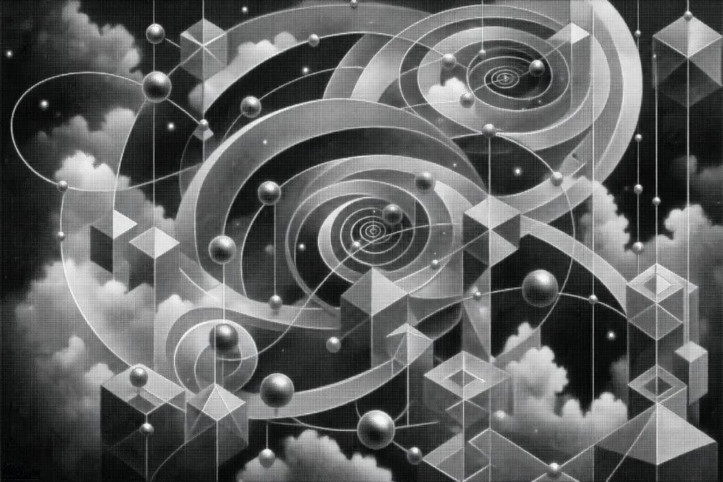 Intricate network of shimmering geometrical spirals amidst digital clouds