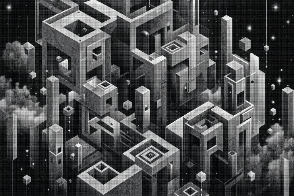 Hovering architectural maze of cubic towers with shifting apertures