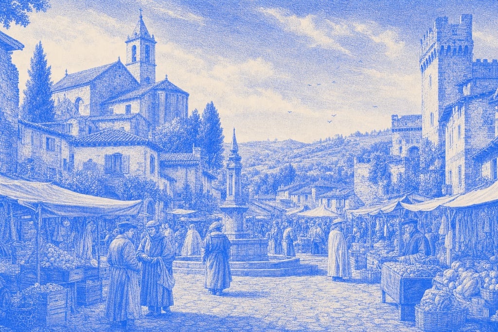 Quaint, medieval village market square bustling with activity under a clear sky