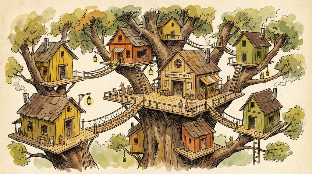 A multi-level treehouse village connected by rope bridges and ladders, nestled in a giant oak canopy (wwz0tmr6)