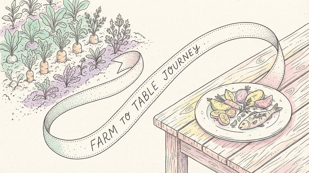 A flowing ribbon connecting a garden plot in the soil to a plated meal on a table