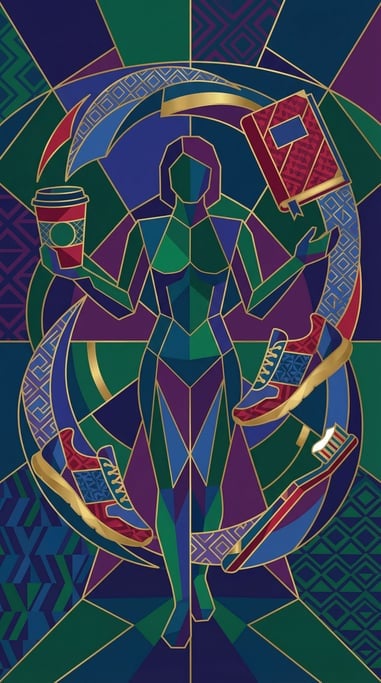 Morning routine items orbiting a person like planets: coffee cup, journal, running shoes, toothbrush (zhbcimja)