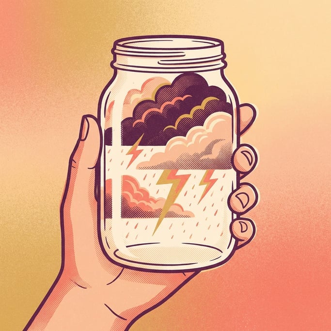 A glass jar filled with a miniature thunderstorm, tiny lightning and rain clouds contained inside (ptpyurf7)