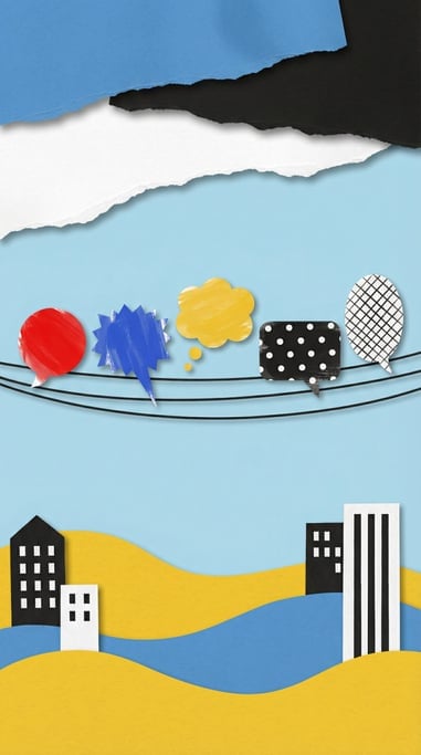 A telephone wire stretching across a scene with birds perched along it