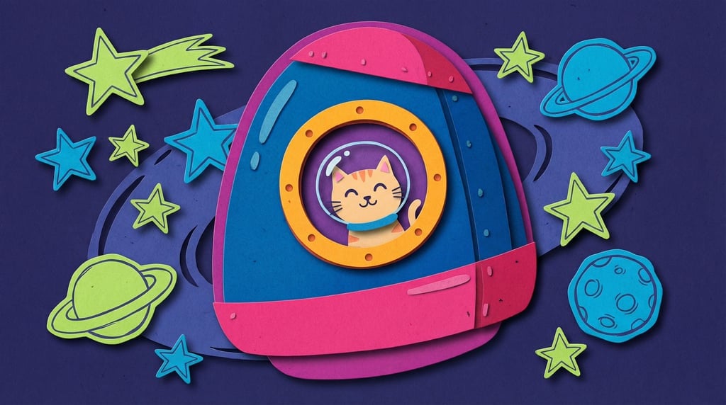 A cat in a tiny space helmet floating contentedly inside a miniature space capsule