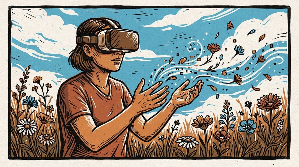 A person wearing VR goggles standing in a wildflower meadow (2ghn6)