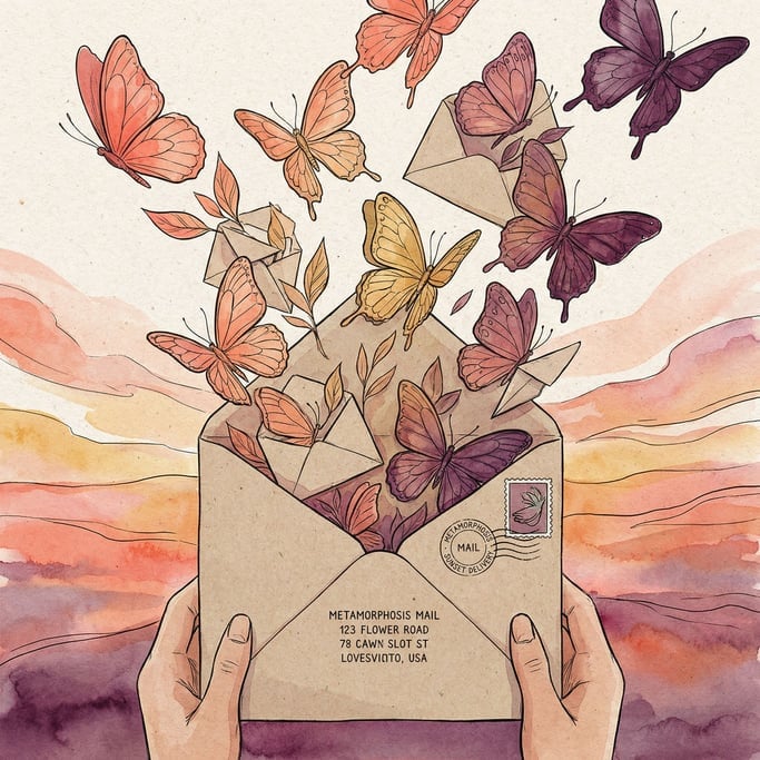 Butterflies in many colors emerging one by one from an opened envelope