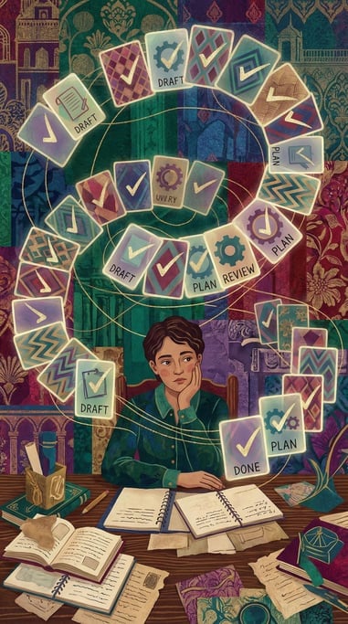 A person at a desk surrounded by floating task cards and glowing checkmarks (rcymejmw)