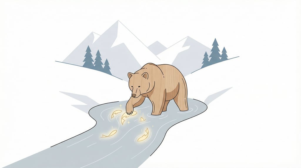 A bear standing in a mountain stream catching fish that are made of shimmering golden light instead (ujfkqotj)