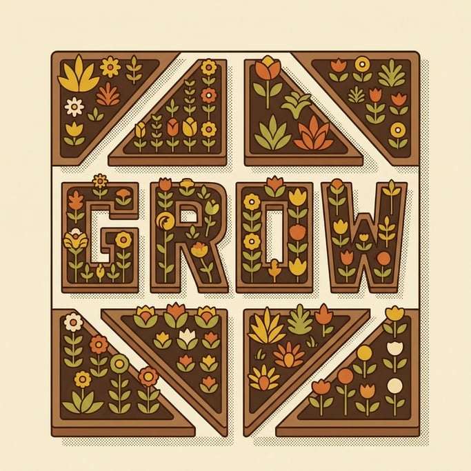 A community garden plot where the colorful plants and flowers spell out a word when viewed from abov