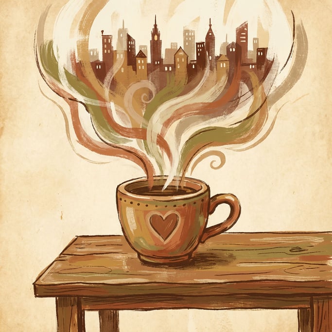 A steaming coffee cup where the rising steam forms the delicate silhouette of a city skyline