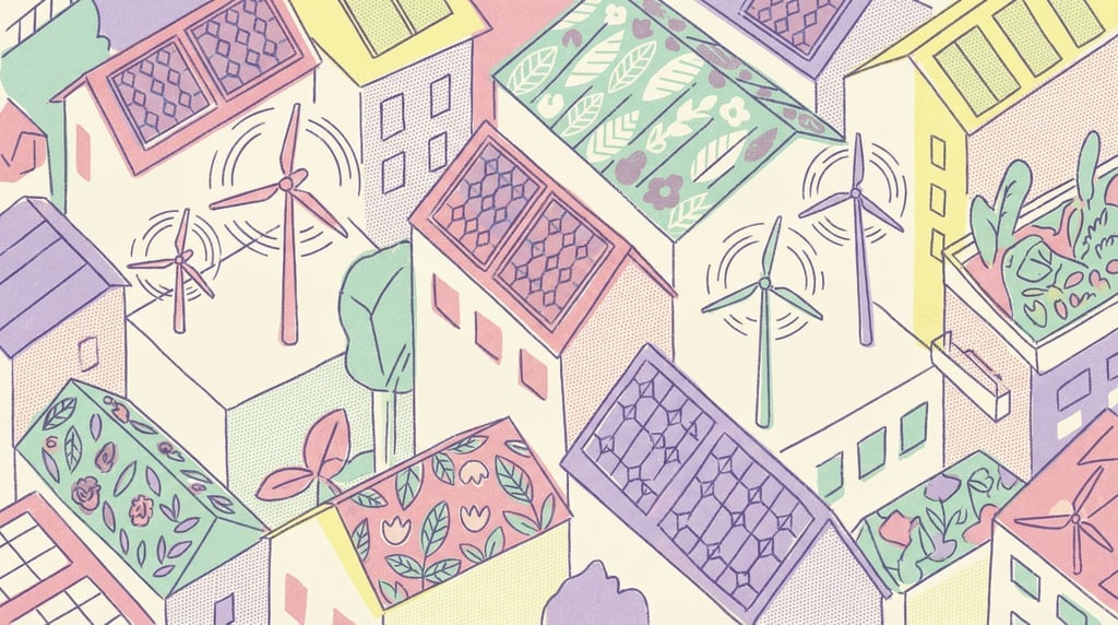 A neighborhood seen from above where every rooftop hosts a different renewable energy installation