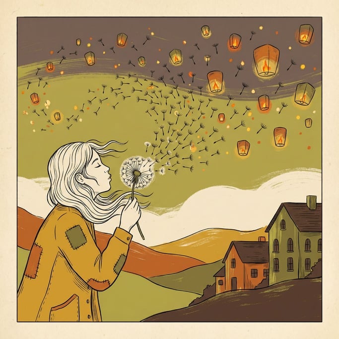 A person blowing dandelion seeds that transform into tiny glowing lanterns drifting across a twiligh (edy2ete)