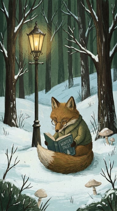 A fox wearing spectacles reading a book by the light of a streetlamp in a quiet snowy forest clearin