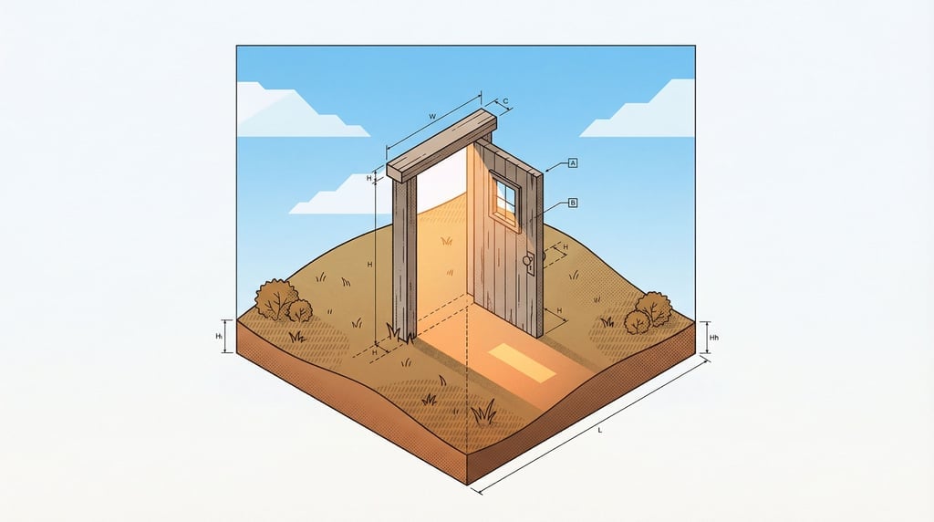 A door standing alone in the middle of an open grass field, slightly ajar