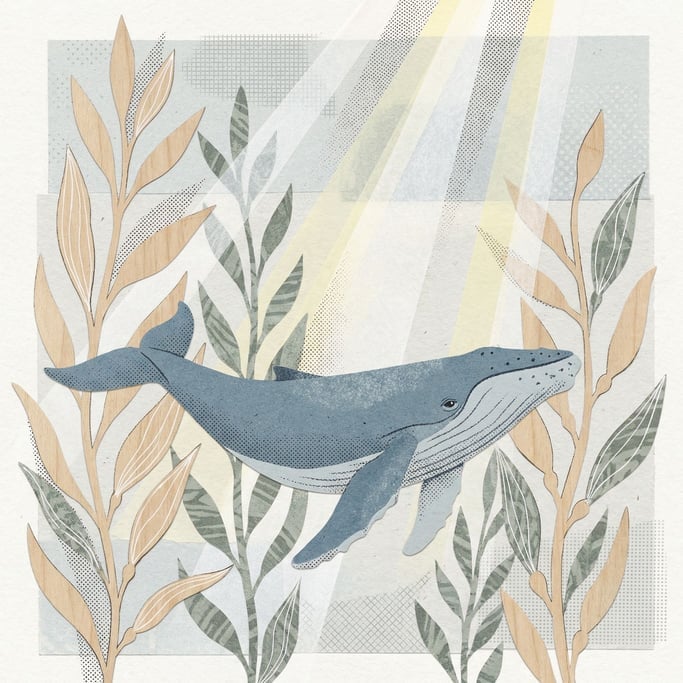 A whale swimming gracefully through a dense kelp forest, shafts of light from above (74sh6tea)