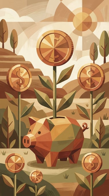 A piggy bank sitting in a garden where coins grow on stems like sunflowers (of41n5yj)