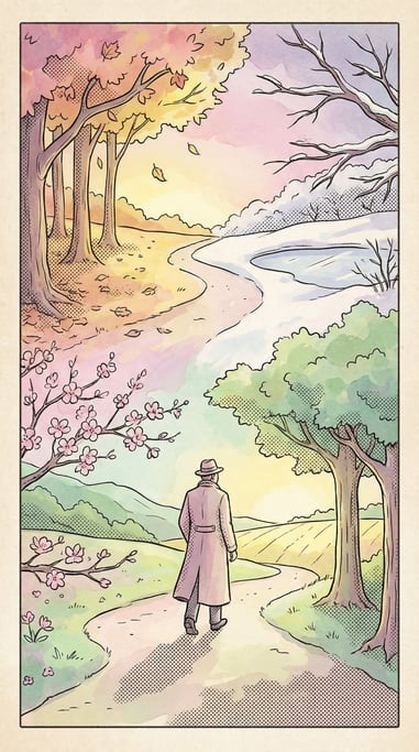 A person walking along a path where the landscape seamlessly transitions through all four seasons ar (k3iqkg1g)