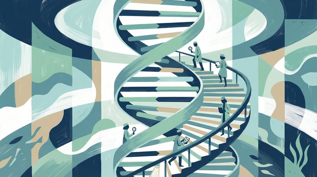 A DNA double helix rendered as a grand spiral staircase with tiny researchers walking along the step (tt1h4cig)