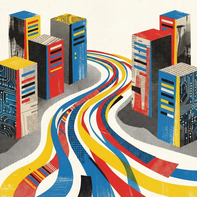 Data streams flowing like colorful rivers through a valley of stylized server towers (xal)