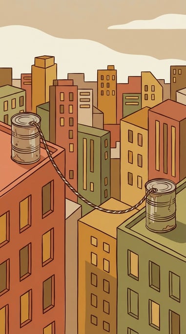 Two tin cans connected by a long string that stretches across an entire city skyline between two roo (cs9wncgb)