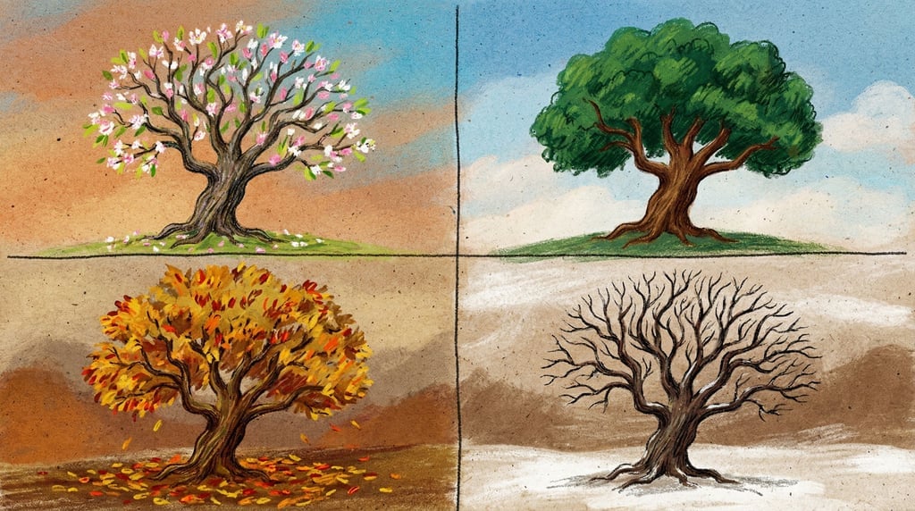 A single tree shown in four quadrants: spring blossoms, summer canopy, autumn gold (obd5cv5t)
