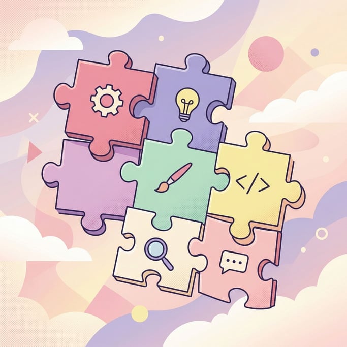 Jigsaw puzzle pieces floating together mid-assembly in the air (umo5trz4)