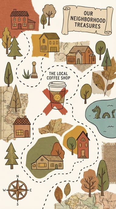 A neighborhood drawn as a treasure map with dotted paths, an X marking the local coffee shop