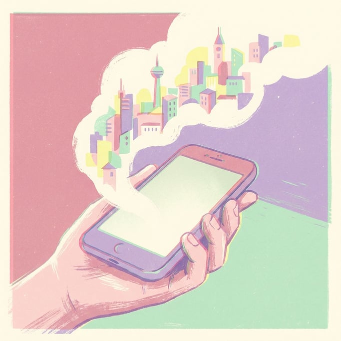 A hand holding a smartphone with a tiny detailed city growing upward out of the screen (i82lfpbg)