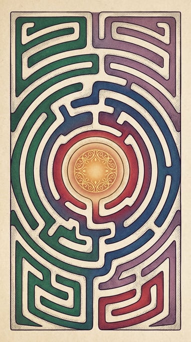 A maze viewed from above with multiple winding paths, all leading to a glowing warm center goal (t3uf7vg5)