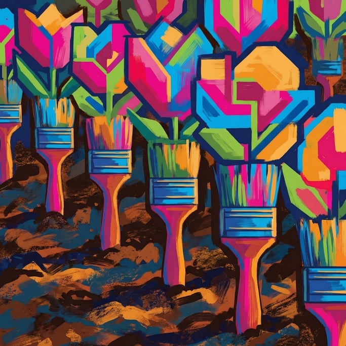 Paintbrushes planted handle-down in rich soil, bristle-ends blooming like flowers in a garden row (b9gtrftt)