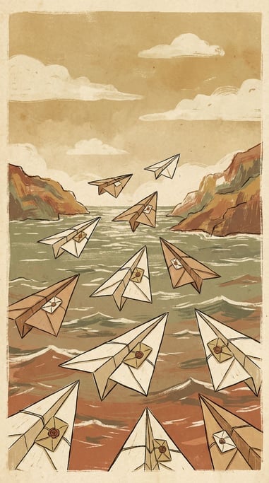 Paper airplanes carrying sealed letters flying across a wide ocean between two distant islands (0y4xab2i)