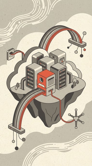Cloud computing visualized as a floating island of friendly servers connected by rainbow data bridge