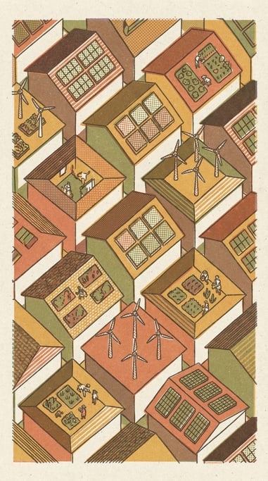 A neighborhood seen from above where every rooftop hosts a different renewable energy installation (rksbu53)