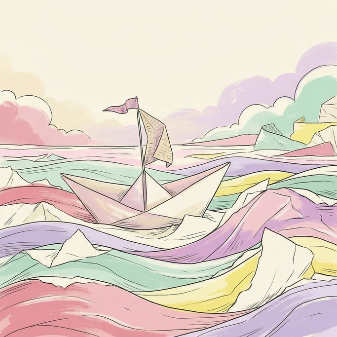 A paper boat sailing across a sea made entirely of crumpled and folded paper with paper waves