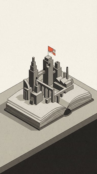 An open book lying flat with a detailed miniature landscape emerging from its pages like a pop-up di (vzirb5uw)