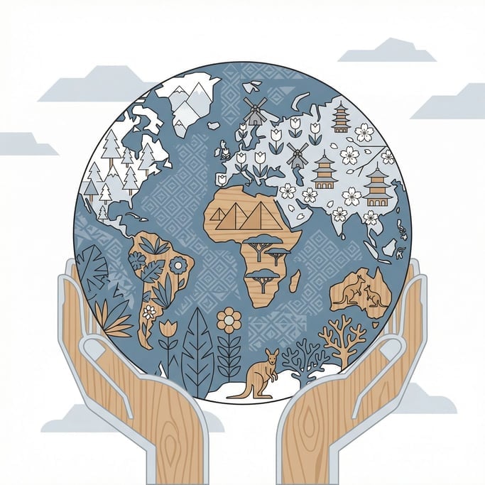 A globe held gently in cupped hands, each continent rendered as a different garden landscape